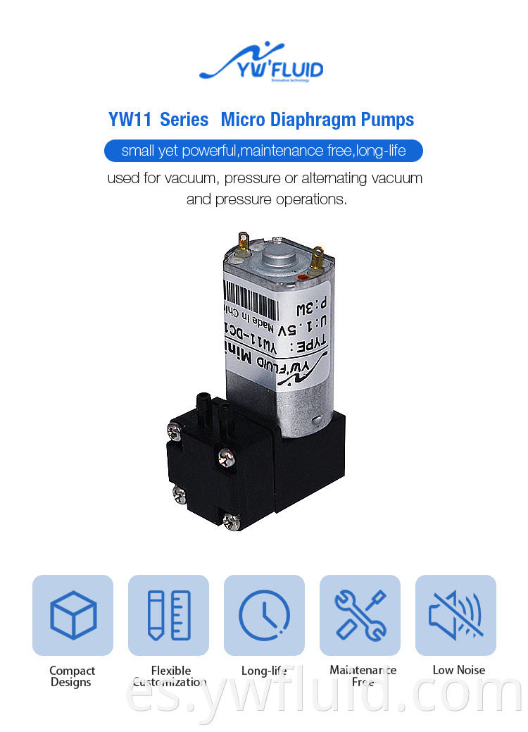 YW11-DC 1.5V 6V 12V Flujo de aire máximo 1.5L/min Máxo Flujo de líquido 180 ml/min Resistencia química Herramienta de laboratorio de acuario de agua analítica